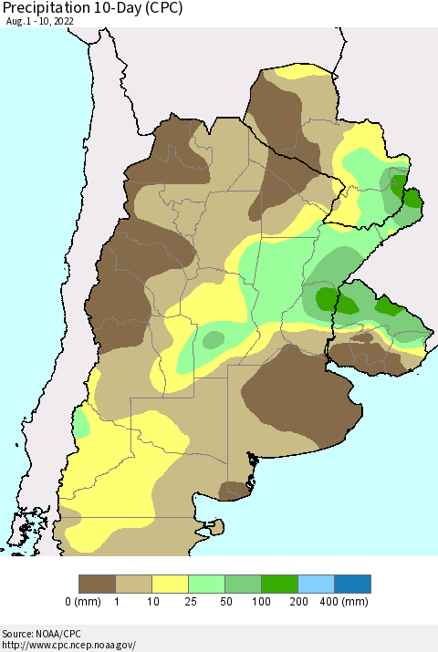 Southern South America Precipitation 10-Day (CPC) Thematic Map For 8/1/2022 - 8/10/2022