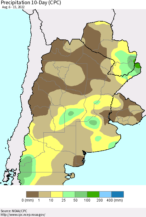 Southern South America Precipitation 10-Day (CPC) Thematic Map For 8/6/2022 - 8/15/2022