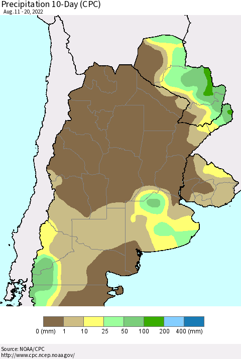 Southern South America Precipitation 10-Day (CPC) Thematic Map For 8/11/2022 - 8/20/2022