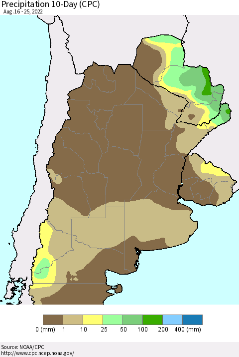Southern South America Precipitation 10-Day (CPC) Thematic Map For 8/16/2022 - 8/25/2022
