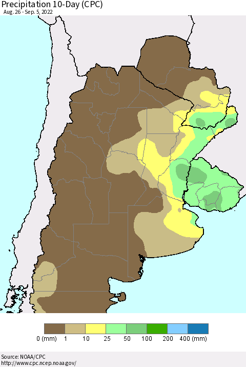 Southern South America Precipitation 10-Day (CPC) Thematic Map For 8/26/2022 - 9/5/2022