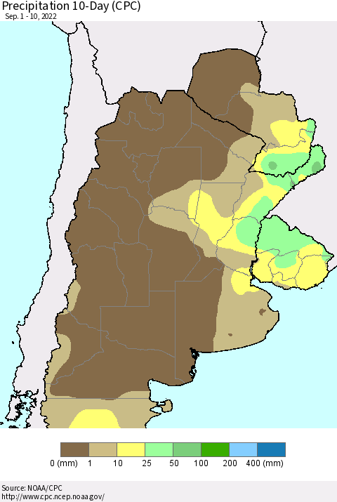 Southern South America Precipitation 10-Day (CPC) Thematic Map For 9/1/2022 - 9/10/2022