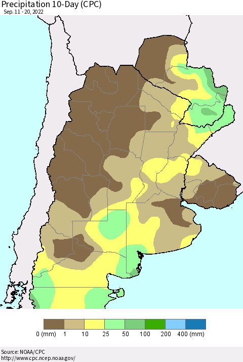 Southern South America Precipitation 10-Day (CPC) Thematic Map For 9/11/2022 - 9/20/2022