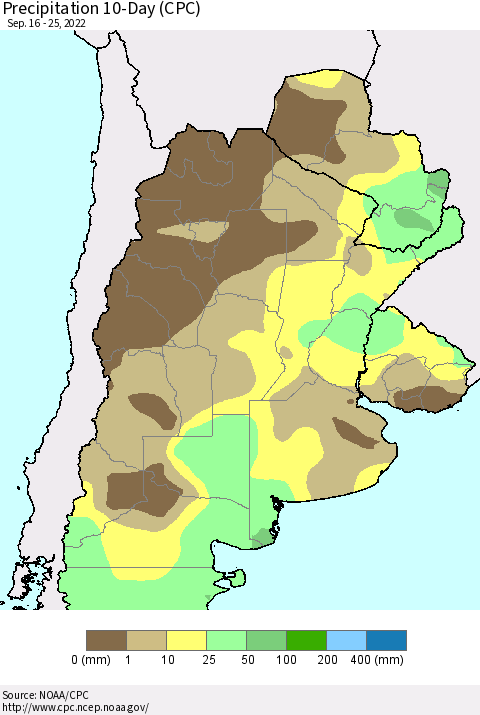Southern South America Precipitation 10-Day (CPC) Thematic Map For 9/16/2022 - 9/25/2022