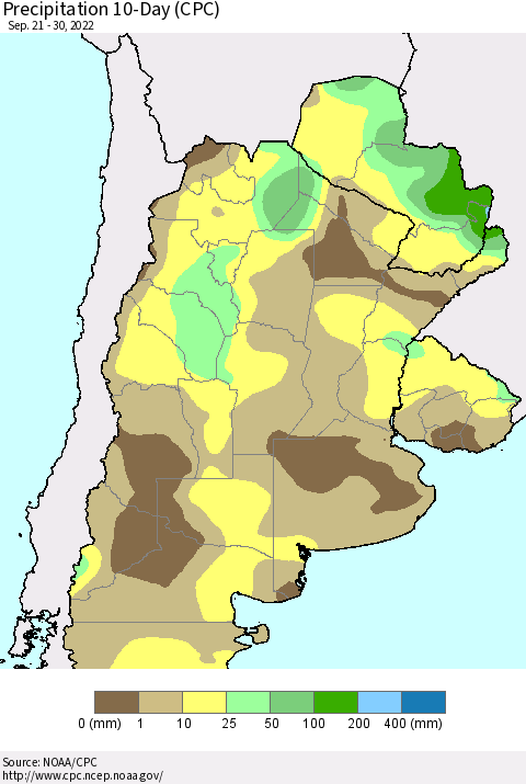 Southern South America Precipitation 10-Day (CPC) Thematic Map For 9/21/2022 - 9/30/2022