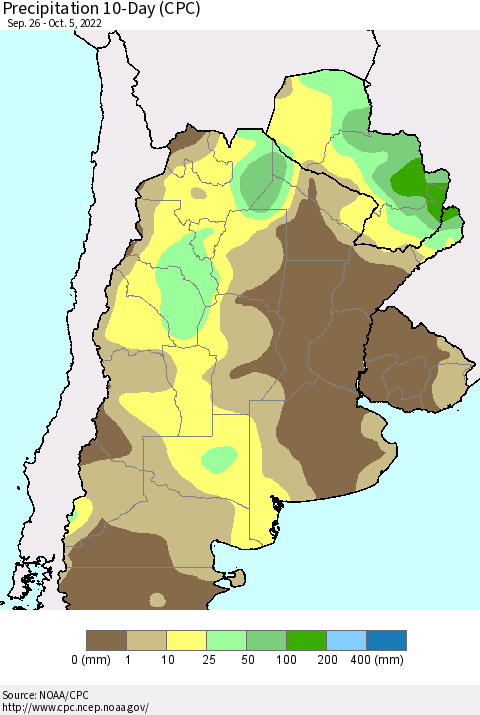 Southern South America Precipitation 10-Day (CPC) Thematic Map For 9/26/2022 - 10/5/2022