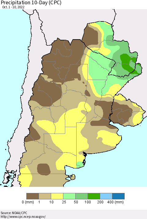 Southern South America Precipitation 10-Day (CPC) Thematic Map For 10/1/2022 - 10/10/2022