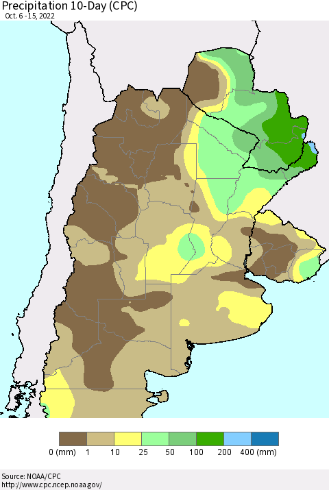 Southern South America Precipitation 10-Day (CPC) Thematic Map For 10/6/2022 - 10/15/2022