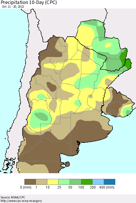 Southern South America Precipitation 10-Day (CPC) Thematic Map For 10/11/2022 - 10/20/2022