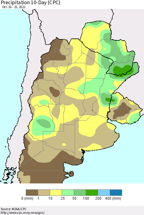 Southern South America Precipitation 10-Day (CPC) Thematic Map For 10/16/2022 - 10/25/2022