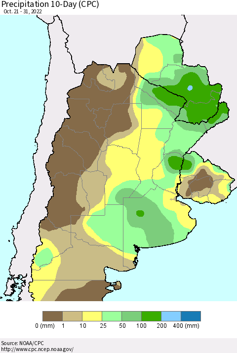 Southern South America Precipitation 10-Day (CPC) Thematic Map For 10/21/2022 - 10/31/2022