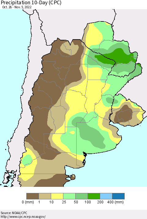 Southern South America Precipitation 10-Day (CPC) Thematic Map For 10/26/2022 - 11/5/2022