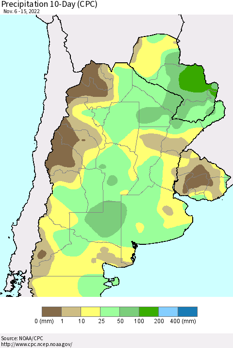 Southern South America Precipitation 10-Day (CPC) Thematic Map For 11/6/2022 - 11/15/2022