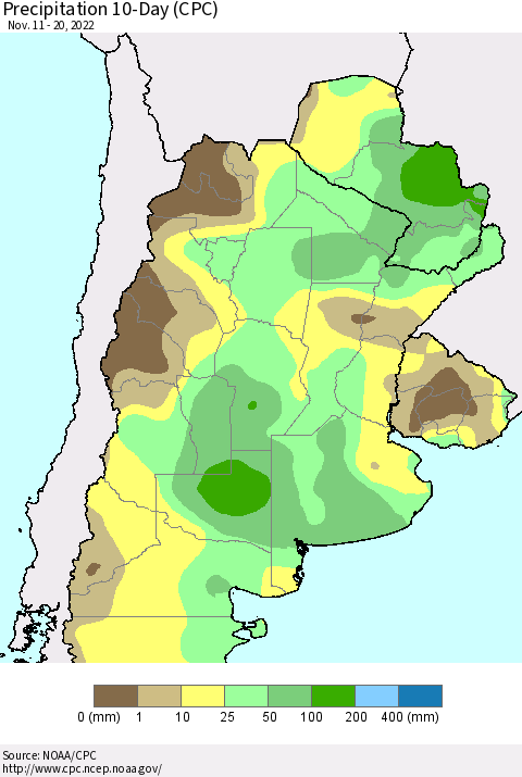 Southern South America Precipitation 10-Day (CPC) Thematic Map For 11/11/2022 - 11/20/2022