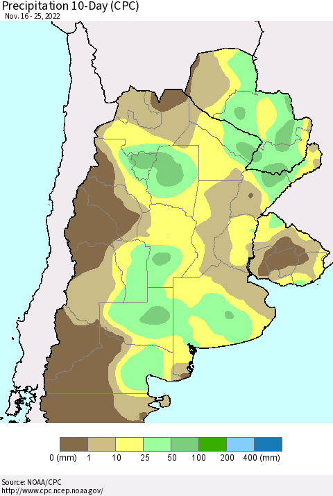 Southern South America Precipitation 10-Day (CPC) Thematic Map For 11/16/2022 - 11/25/2022