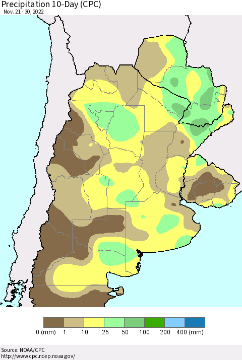 Southern South America Precipitation 10-Day (CPC) Thematic Map For 11/21/2022 - 11/30/2022