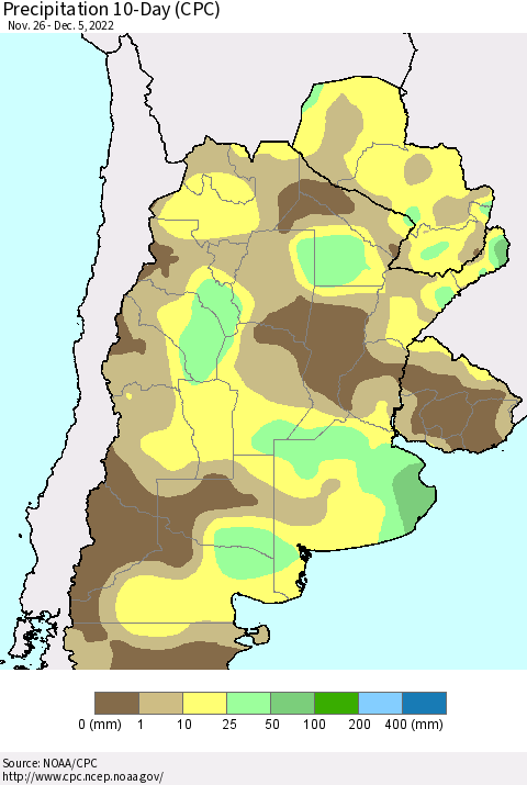 Southern South America Precipitation 10-Day (CPC) Thematic Map For 11/26/2022 - 12/5/2022