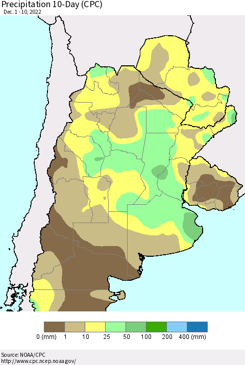Southern South America Precipitation 10-Day (CPC) Thematic Map For 12/1/2022 - 12/10/2022