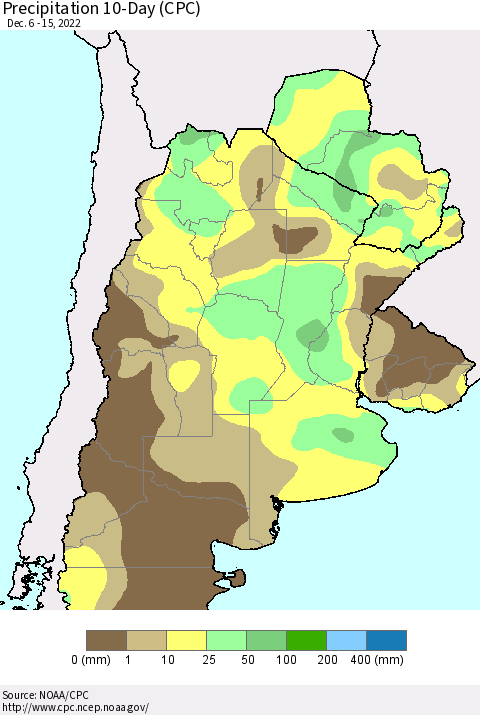 Southern South America Precipitation 10-Day (CPC) Thematic Map For 12/6/2022 - 12/15/2022
