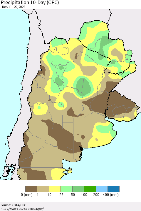 Southern South America Precipitation 10-Day (CPC) Thematic Map For 12/11/2022 - 12/20/2022