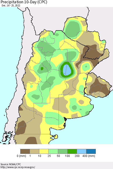 Southern South America Precipitation 10-Day (CPC) Thematic Map For 12/16/2022 - 12/25/2022