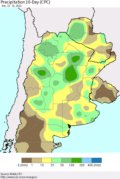 Southern South America Precipitation 10-Day (CPC) Thematic Map For 12/21/2022 - 12/31/2022