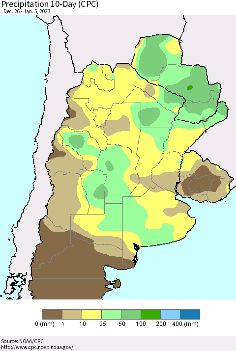 Southern South America Precipitation 10-Day (CPC) Thematic Map For 12/26/2022 - 1/5/2023