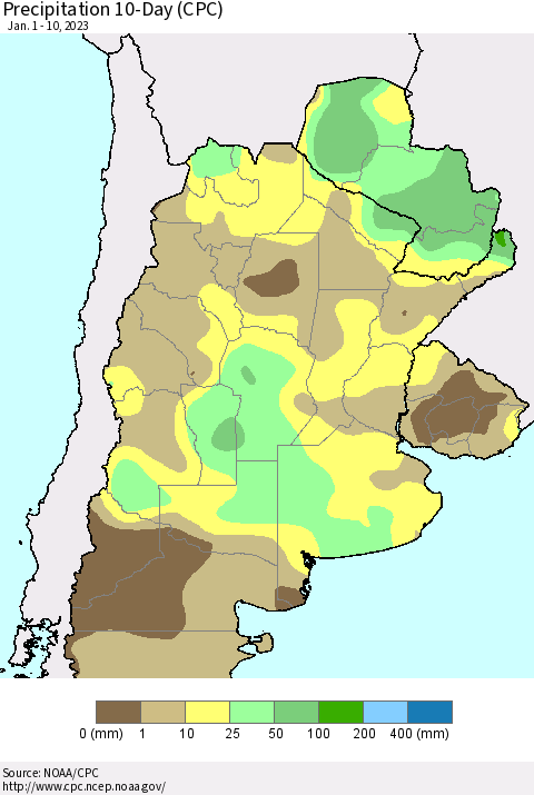 Southern South America Precipitation 10-Day (CPC) Thematic Map For 1/1/2023 - 1/10/2023
