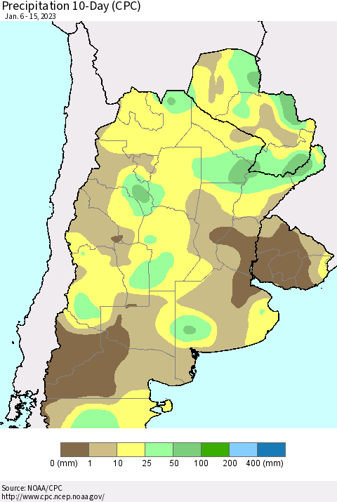 Southern South America Precipitation 10-Day (CPC) Thematic Map For 1/6/2023 - 1/15/2023