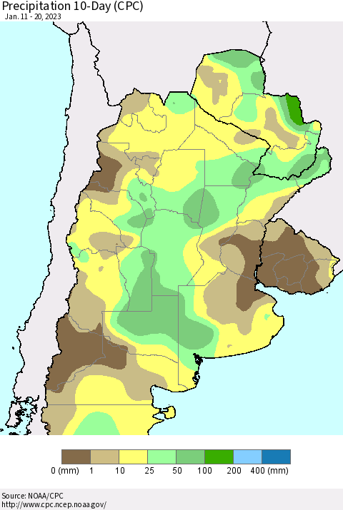 Southern South America Precipitation 10-Day (CPC) Thematic Map For 1/11/2023 - 1/20/2023
