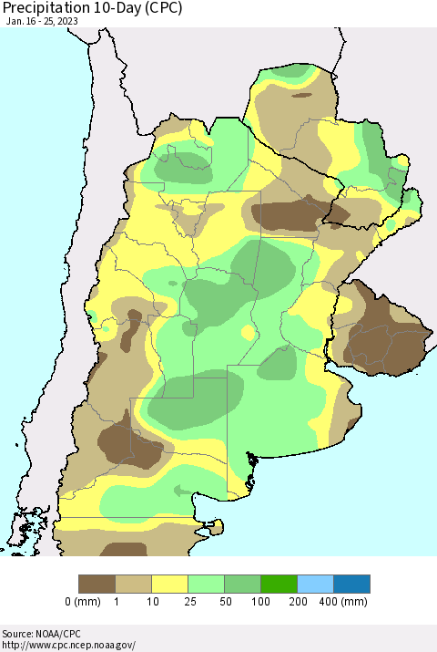 Southern South America Precipitation 10-Day (CPC) Thematic Map For 1/16/2023 - 1/25/2023
