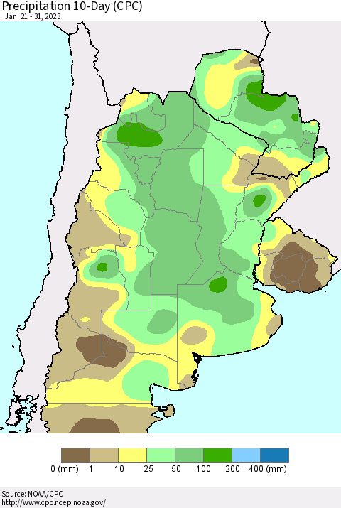 Southern South America Precipitation 10-Day (CPC) Thematic Map For 1/21/2023 - 1/31/2023
