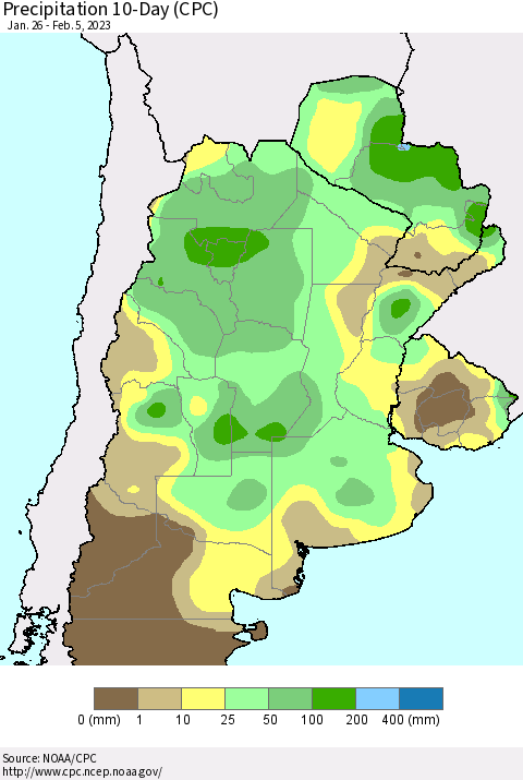 Southern South America Precipitation 10-Day (CPC) Thematic Map For 1/26/2023 - 2/5/2023