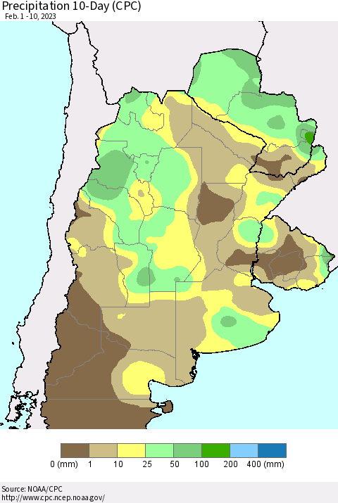Southern South America Precipitation 10-Day (CPC) Thematic Map For 2/1/2023 - 2/10/2023
