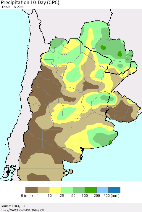 Southern South America Precipitation 10-Day (CPC) Thematic Map For 2/6/2023 - 2/15/2023
