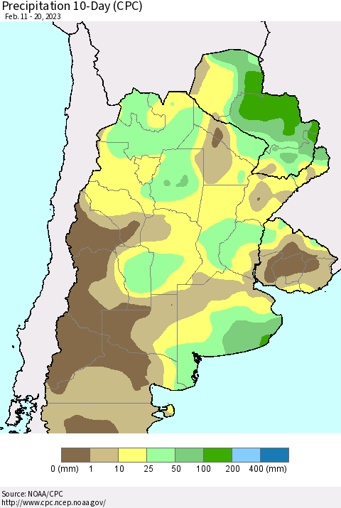 Southern South America Precipitation 10-Day (CPC) Thematic Map For 2/11/2023 - 2/20/2023
