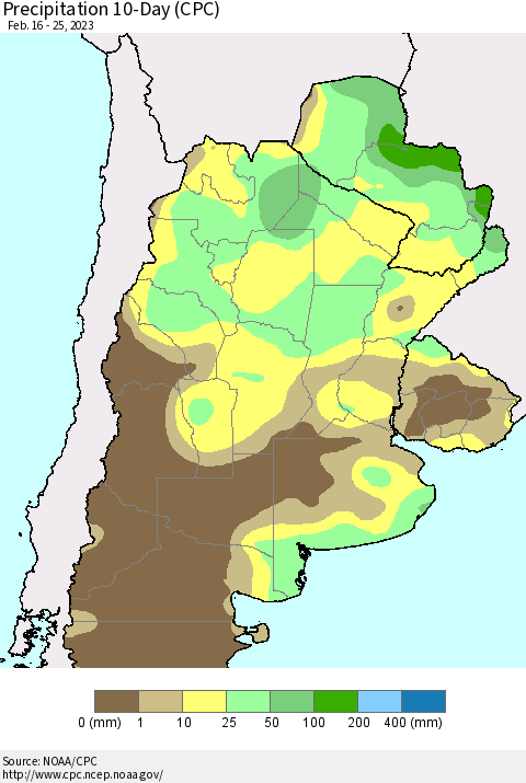Southern South America Precipitation 10-Day (CPC) Thematic Map For 2/16/2023 - 2/25/2023