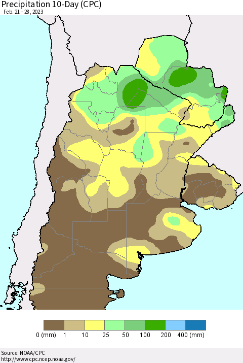 Southern South America Precipitation 10-Day (CPC) Thematic Map For 2/21/2023 - 2/28/2023