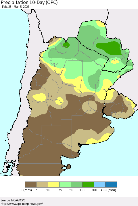 Southern South America Precipitation 10-Day (CPC) Thematic Map For 2/26/2023 - 3/5/2023