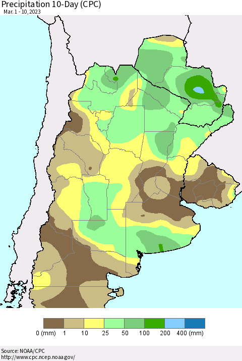 Southern South America Precipitation 10-Day (CPC) Thematic Map For 3/1/2023 - 3/10/2023