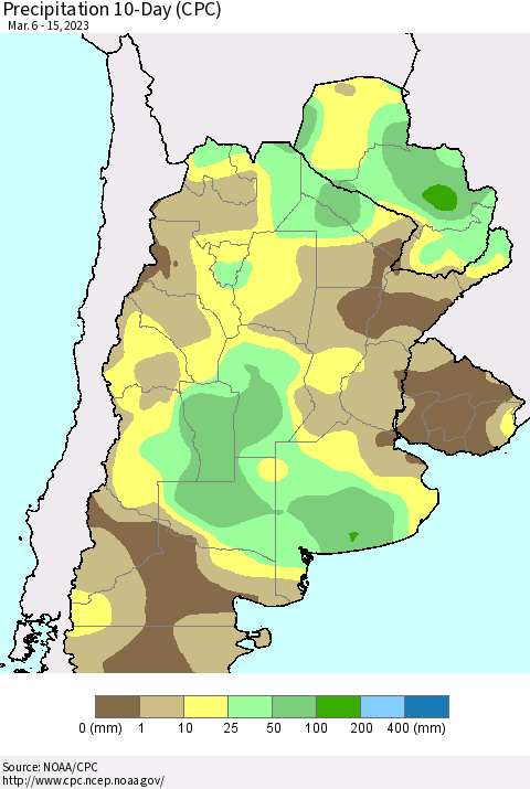 Southern South America Precipitation 10-Day (CPC) Thematic Map For 3/6/2023 - 3/15/2023