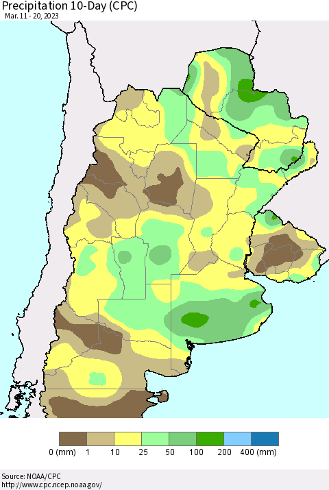 Southern South America Precipitation 10-Day (CPC) Thematic Map For 3/11/2023 - 3/20/2023