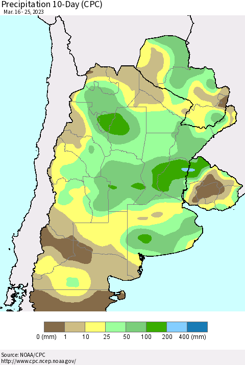 Southern South America Precipitation 10-Day (CPC) Thematic Map For 3/16/2023 - 3/25/2023