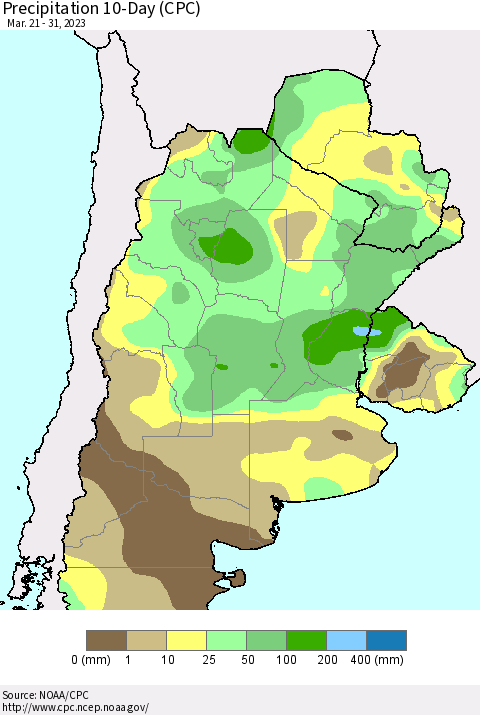 Southern South America Precipitation 10-Day (CPC) Thematic Map For 3/21/2023 - 3/31/2023