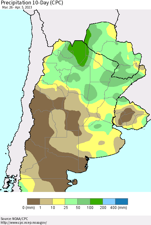 Southern South America Precipitation 10-Day (CPC) Thematic Map For 3/26/2023 - 4/5/2023