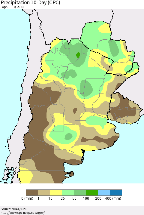 Southern South America Precipitation 10-Day (CPC) Thematic Map For 4/1/2023 - 4/10/2023