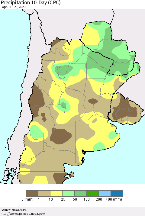 Southern South America Precipitation 10-Day (CPC) Thematic Map For 4/11/2023 - 4/20/2023