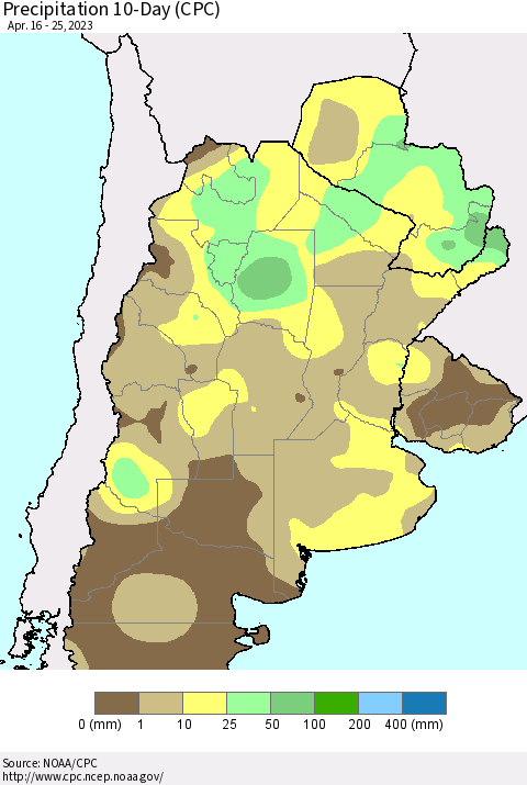 Southern South America Precipitation 10-Day (CPC) Thematic Map For 4/16/2023 - 4/25/2023