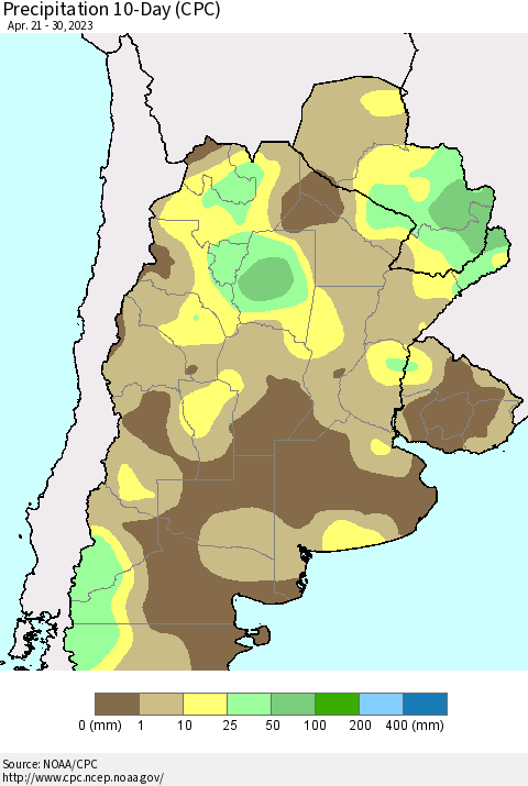Southern South America Precipitation 10-Day (CPC) Thematic Map For 4/21/2023 - 4/30/2023