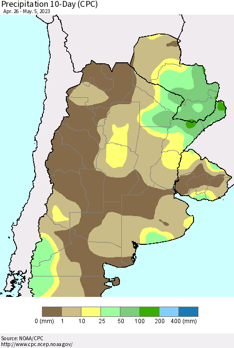 Southern South America Precipitation 10-Day (CPC) Thematic Map For 4/26/2023 - 5/5/2023